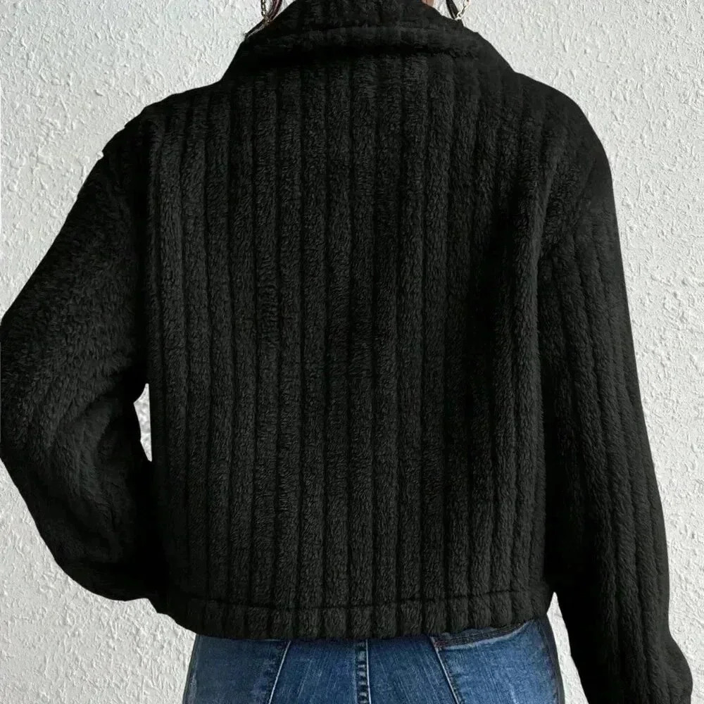Black Casual Women's Flap Detail Button Front Flannel Jacket - Picture 2 of 6